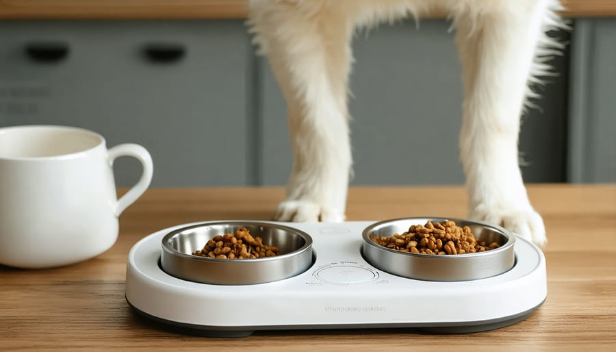 Modern adjustable-height pet feeding station with raised food and water bowls