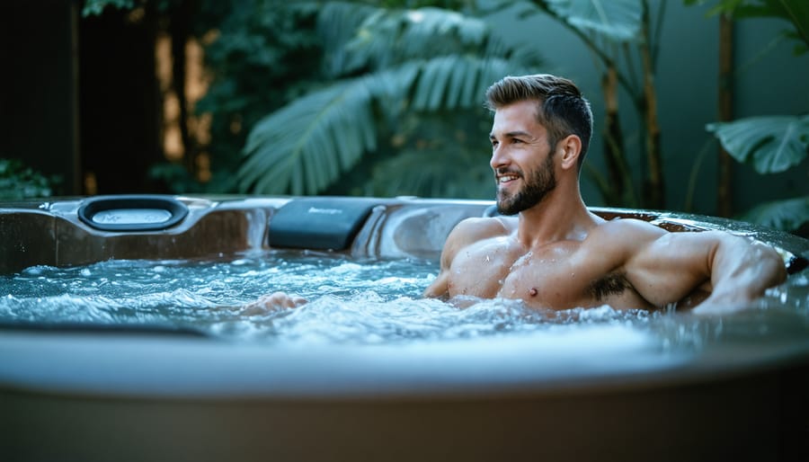 Athlete stretching in hot tub during recovery session