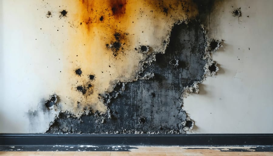Close-up view of black mold growing on a damaged wall corner