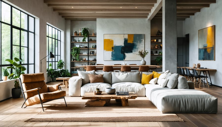 Open-plan living room with a neutral clean-line sofa, mid-century walnut armchair, rustic wood coffee table, black metal industrial floor lamp, layered boho rugs and pillows, light-wood Scandinavian shelving, traditional crown molding, and modern abstract art, lit by soft natural daylight from tall windows; dining nook and plants softly blurred in the background.