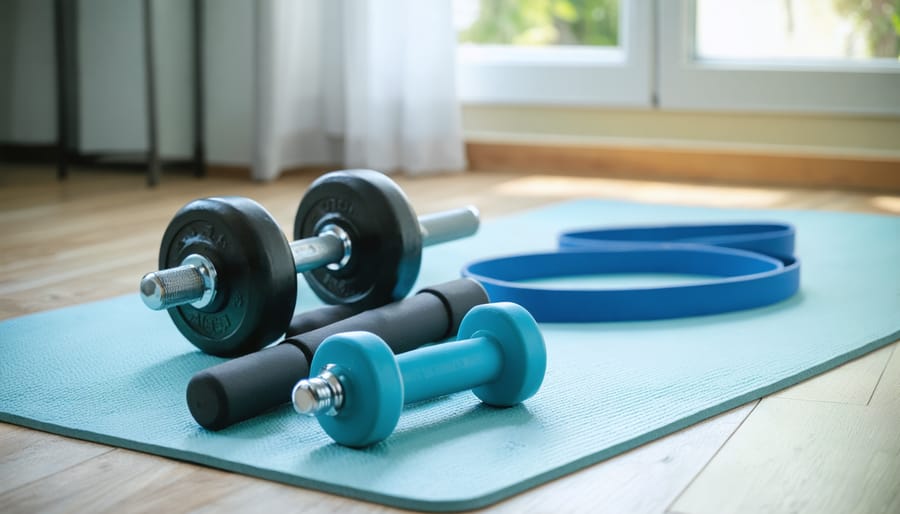 "Compact home gym with adjustable dumbbells, resistance bands, and a yoga mat in a minimalist interior."