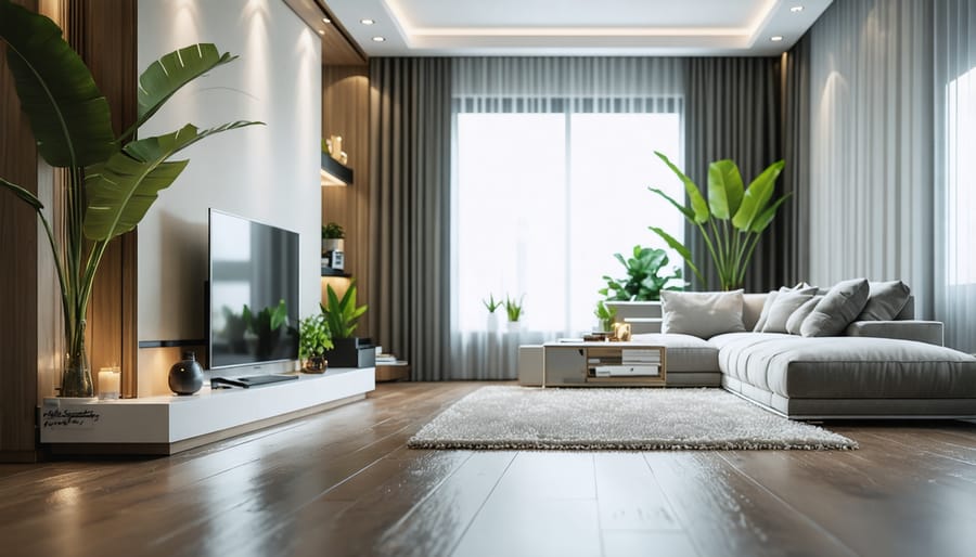 Completed laminate flooring installation in modern living room