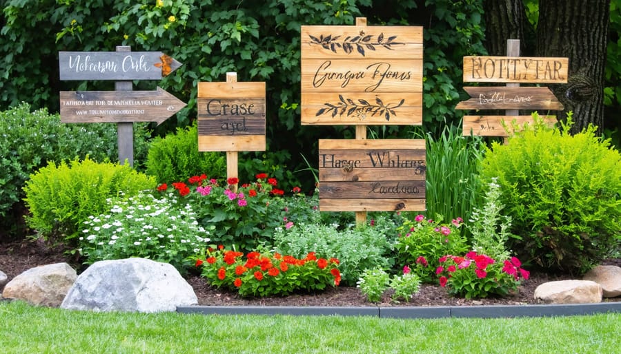 A vibrant garden scene highlighting diverse custom wood signs with rustic, modern, and farmhouse designs among lush greenery, illustrating the personalization of an outdoor space.