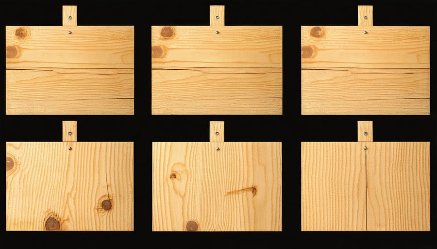 Multiple stages of creating a wooden sign including cutting, sanding, staining, and lettering