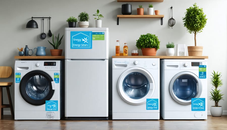 Modern energy-efficient kitchen and laundry appliances with energy rating labels