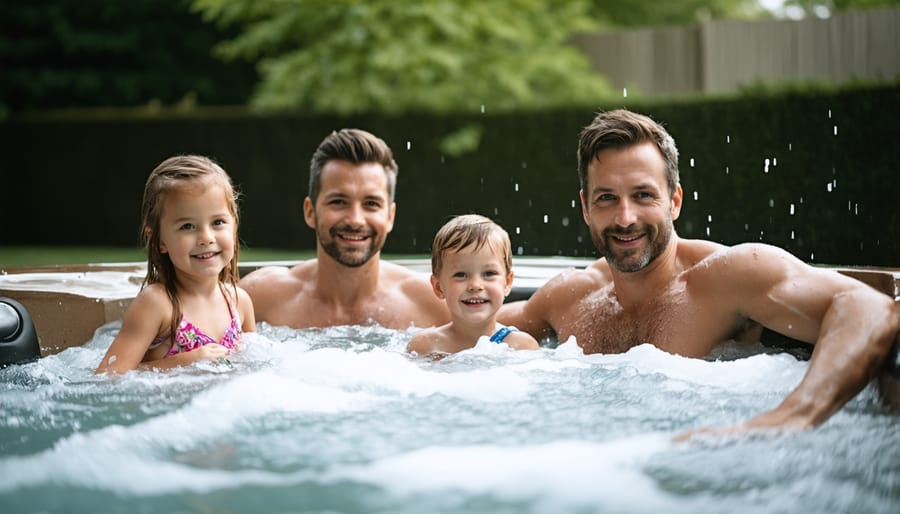 Family spending quality time together in backyard hot tub setting