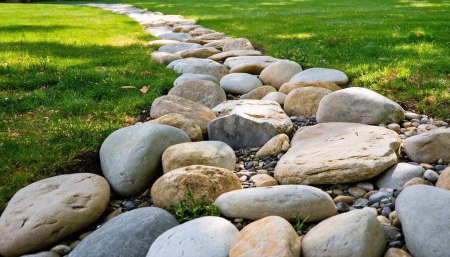Curved French drain covered with decorative river rocks in landscaped yard