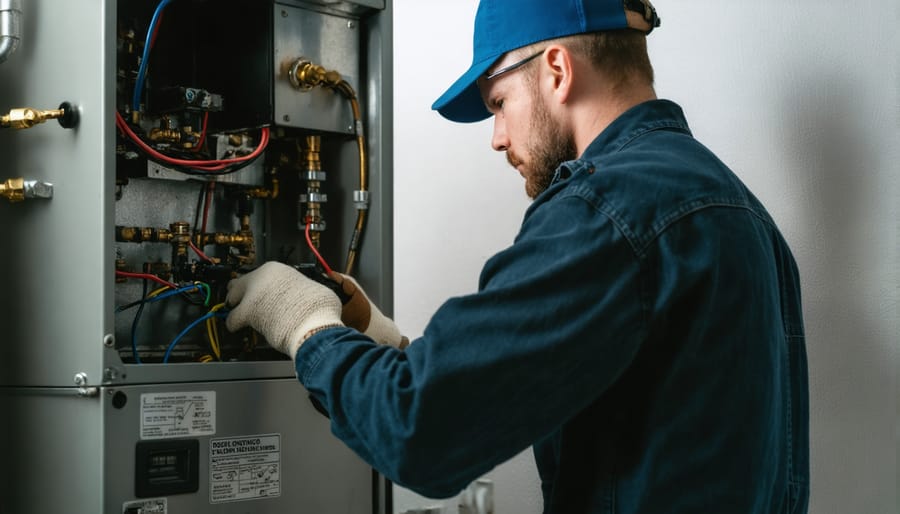 HVAC technician servicing an oil furnace during maintenance visit