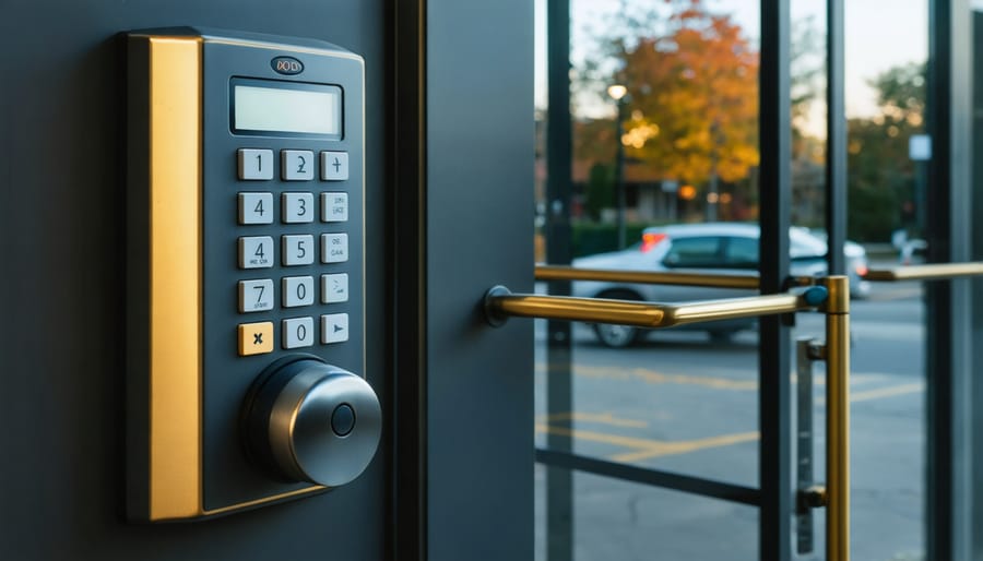 Security keypad mounted near front door in elegant entryway
