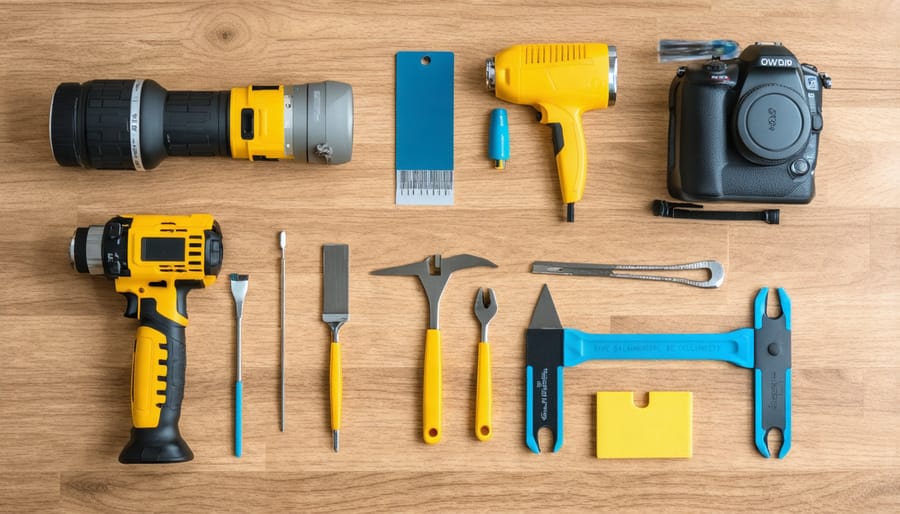 Collection of laminate flooring installation tools arranged on subfloor