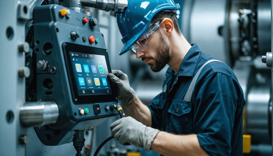 Industrial technician examining metal equipment with diagnostic device