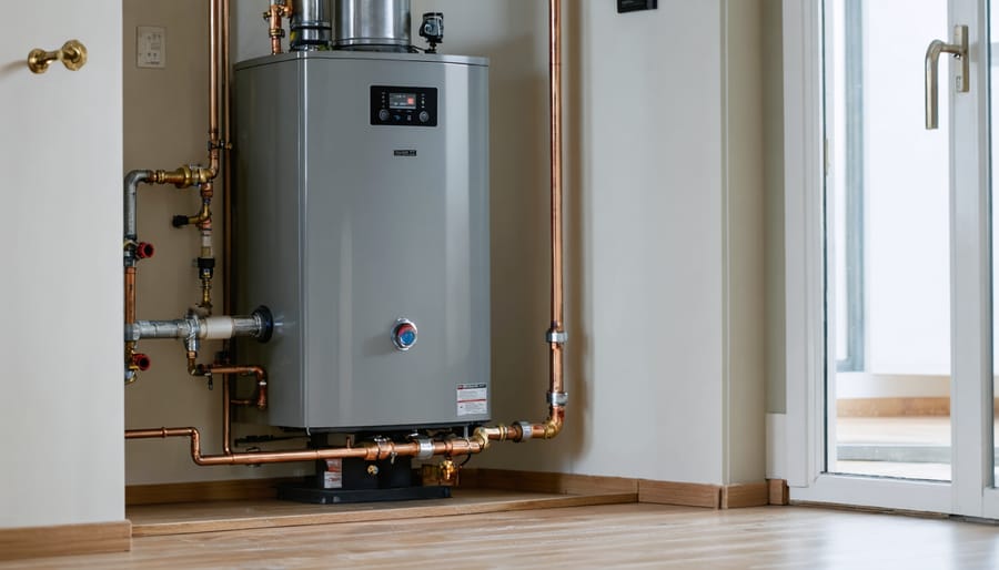 "A well-maintained modern oil furnace in a residential setting with visible pipes and connections."