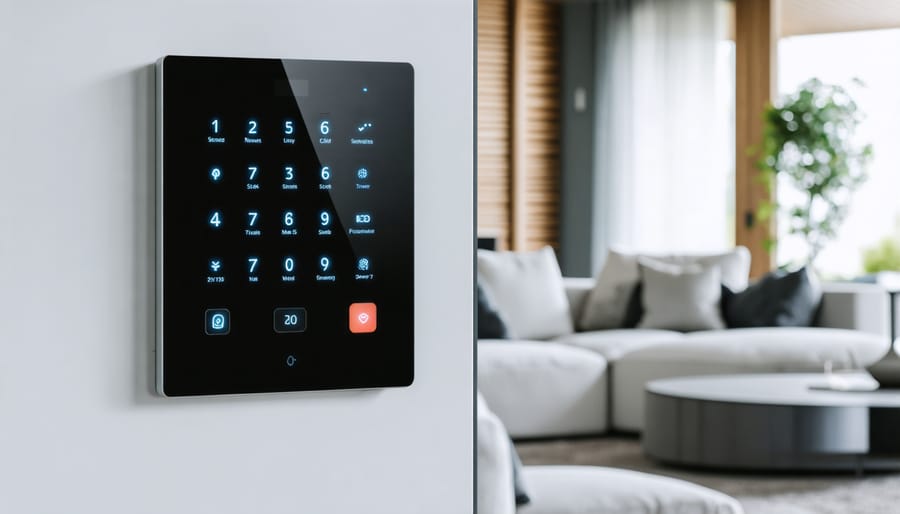 Modern touchscreen security keypad mounted on white wall