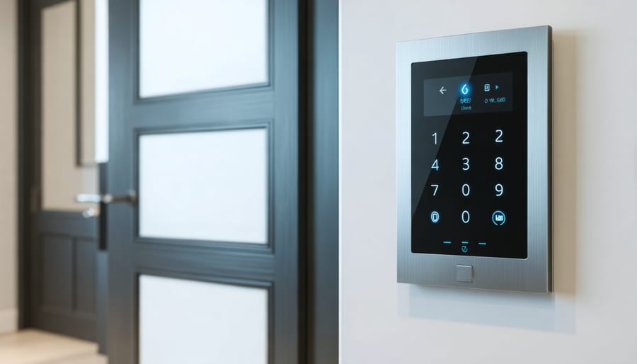 "Close-up of a smart home security keypad with touchscreen in a sleek, modern entryway."