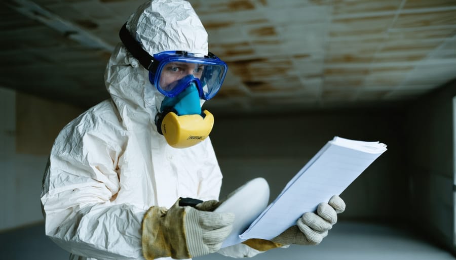 Mold remediation specialist in protective equipment inspecting wall