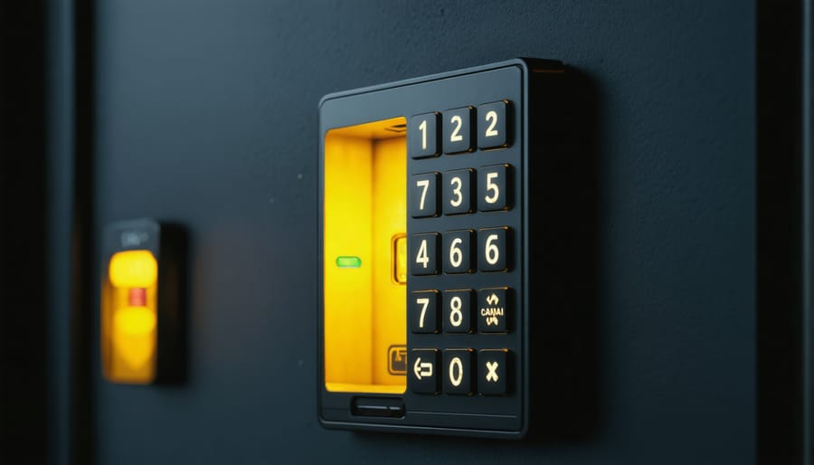 Hand entering code on illuminated security keypad at night