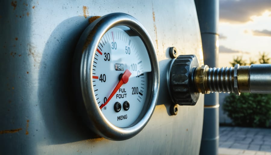 Close-up view of oil tank fuel gauge and fill pipe connection