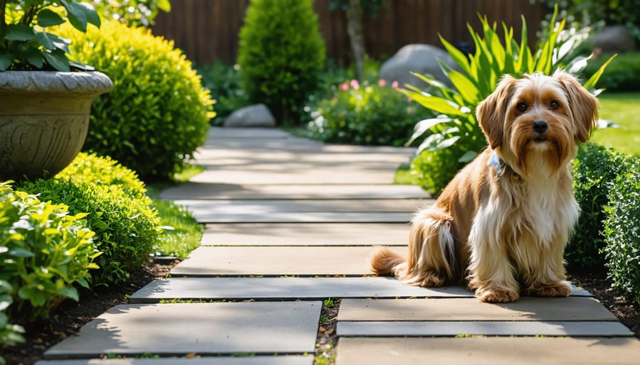 Garden pathway with non-slip rubber pavers and gentle slope for pet accessibility