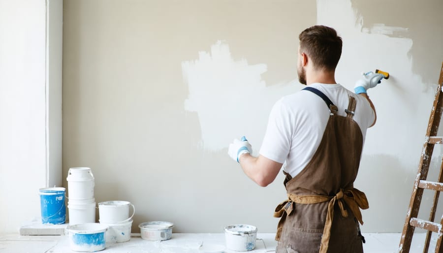 Professional painter applying paint to interior wall with roller