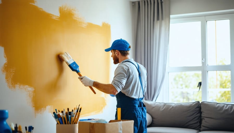 "Professional painter applying paint to a wall in a living room, with painting supplies and home decor in the background."
