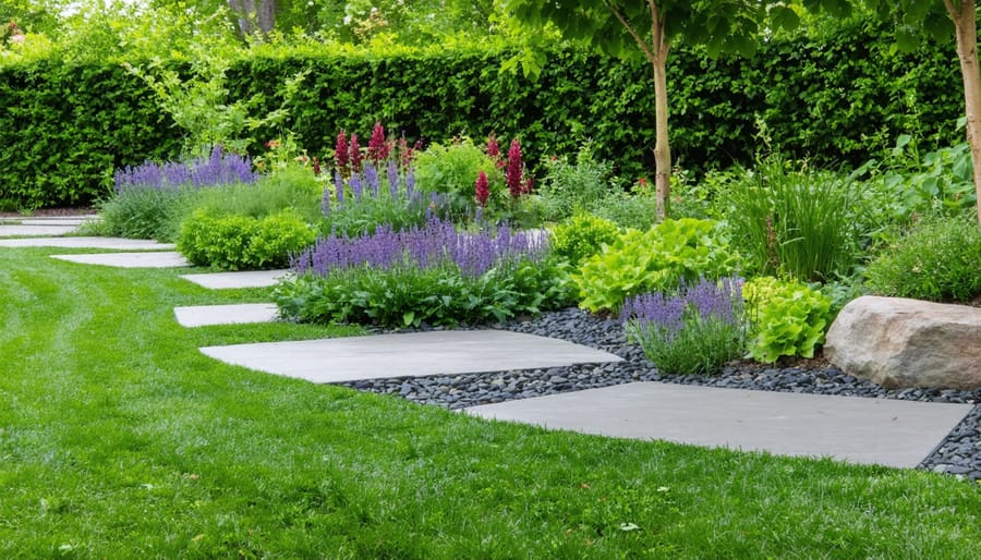 Lush rain garden with flowering native plants and decorative stone border