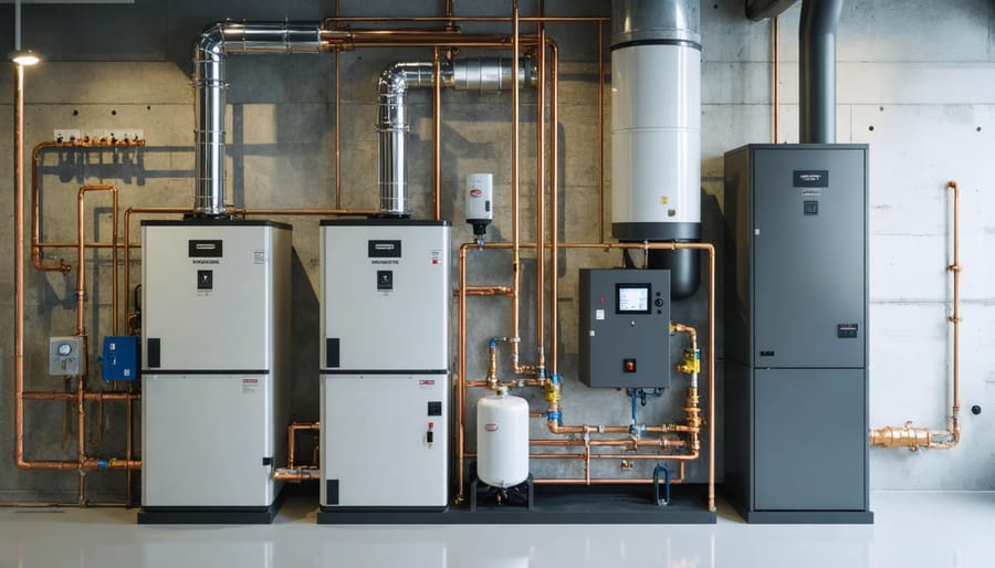 Modern residential oil furnace installed in basement with visible pipes and connections