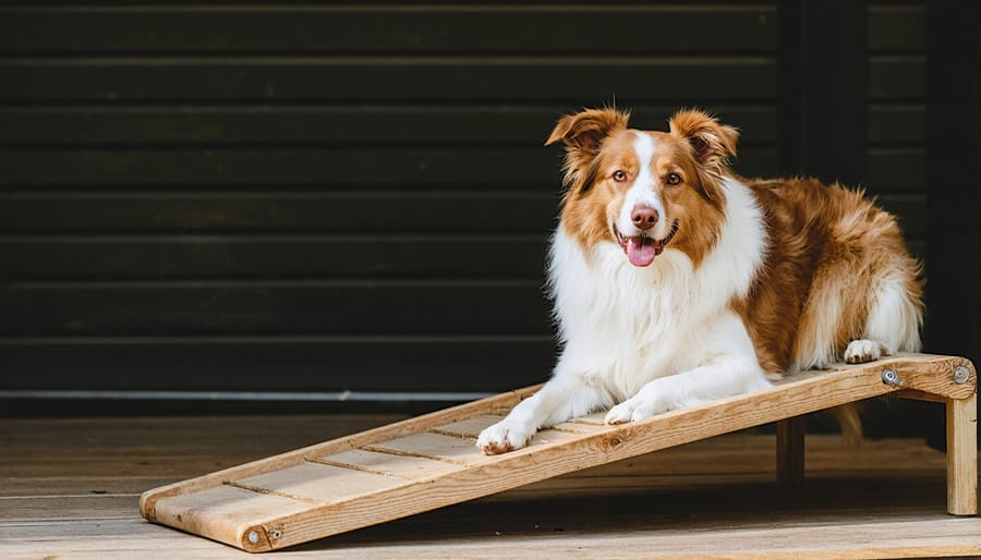 Elderly golden retriever walking up a wooden ramp beside a bed