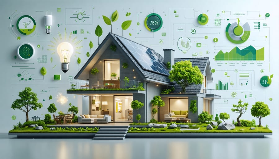 Conceptual illustration of a smart home with integrated energy-efficient technologies like smart thermostats, LED lighting, and energy monitoring systems, emphasizing energy conservation.