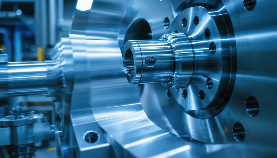 "Close view of sleek industrial machinery in a modern facility with dramatic lighting."