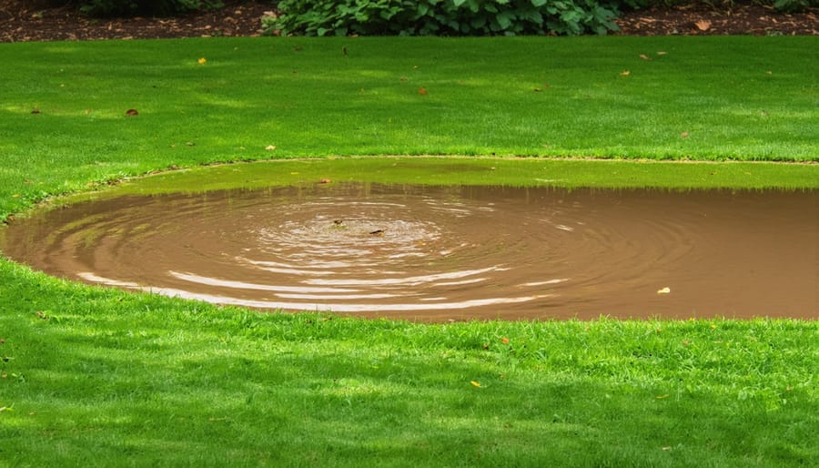 Flat residential backyard with puddles of standing water on grass