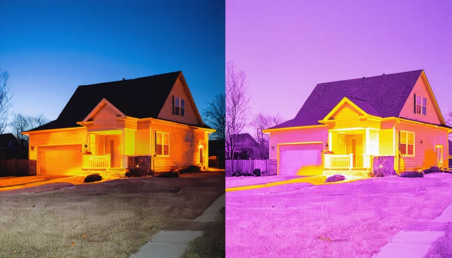 Thermal imaging comparison showing areas of heat loss in a residential home