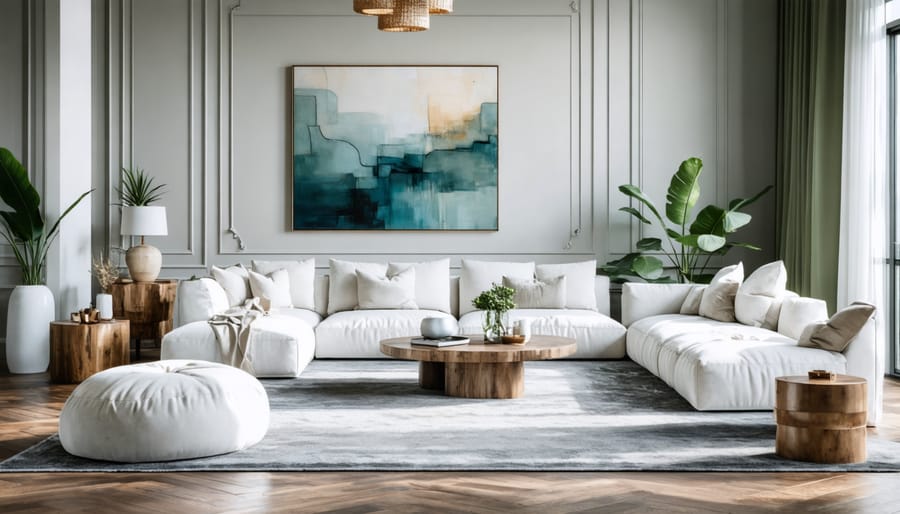 Modern living room with all furniture legs positioned on large area rug