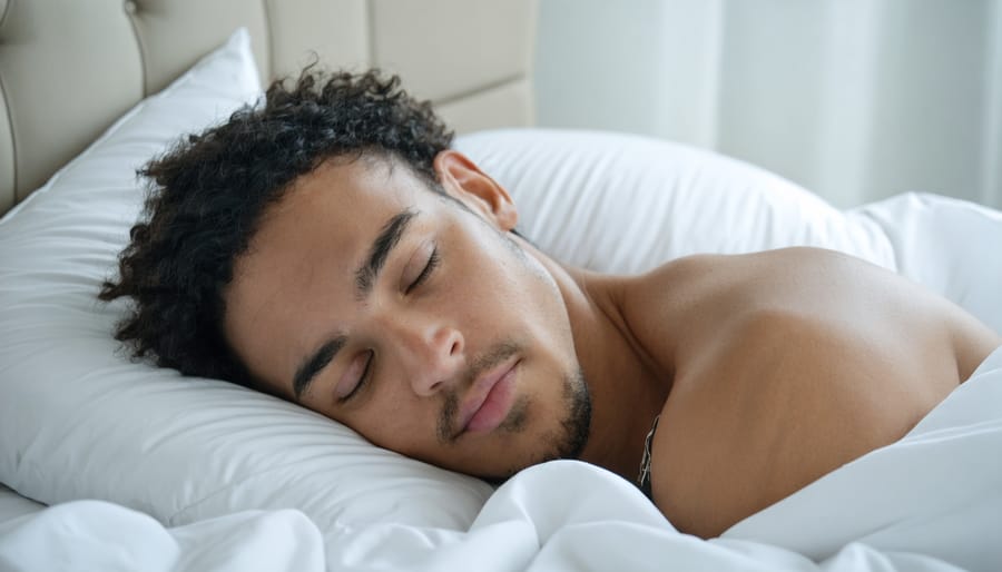 Woman sleeping peacefully on white temperature-regulating sheets in naturally lit bedroom