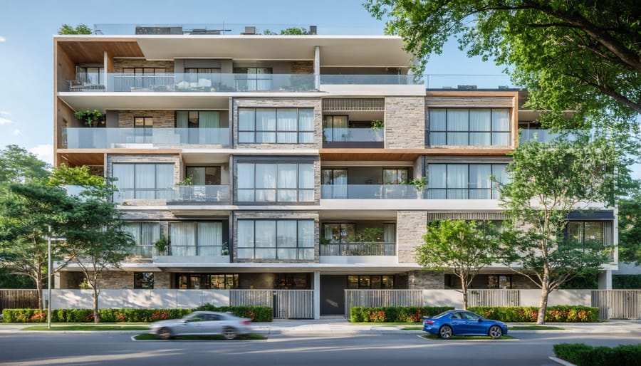 Modern multifamily apartment building with multiple units and balconies
