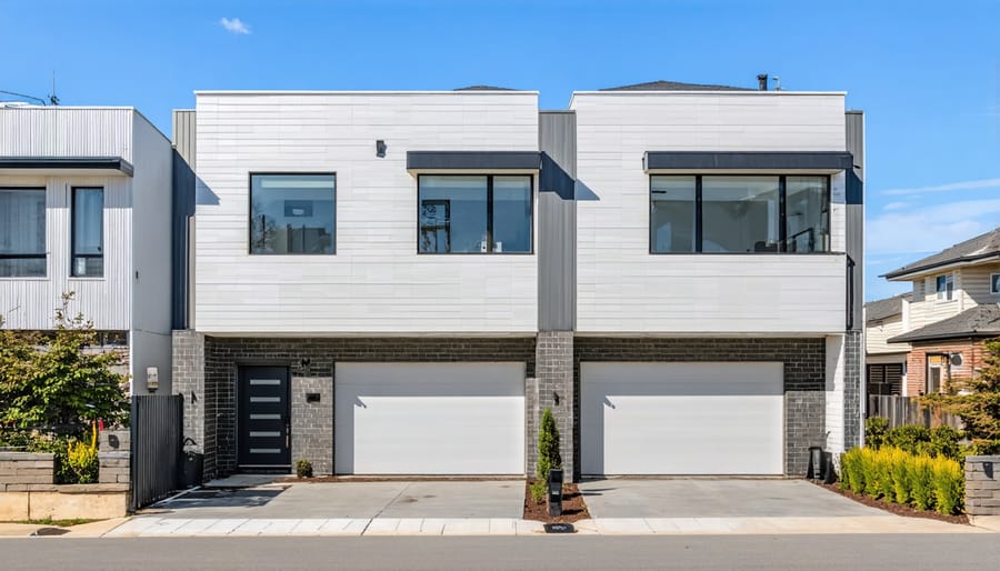 Well-maintained duplex building with two separate entrances and front yard landscaping