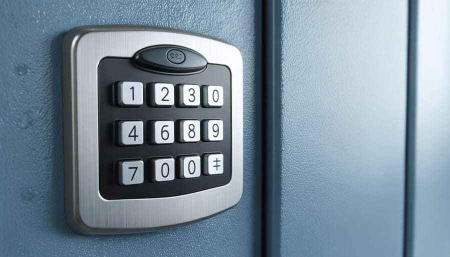 Close-up of person entering code on electronic keypad lock of residential safe