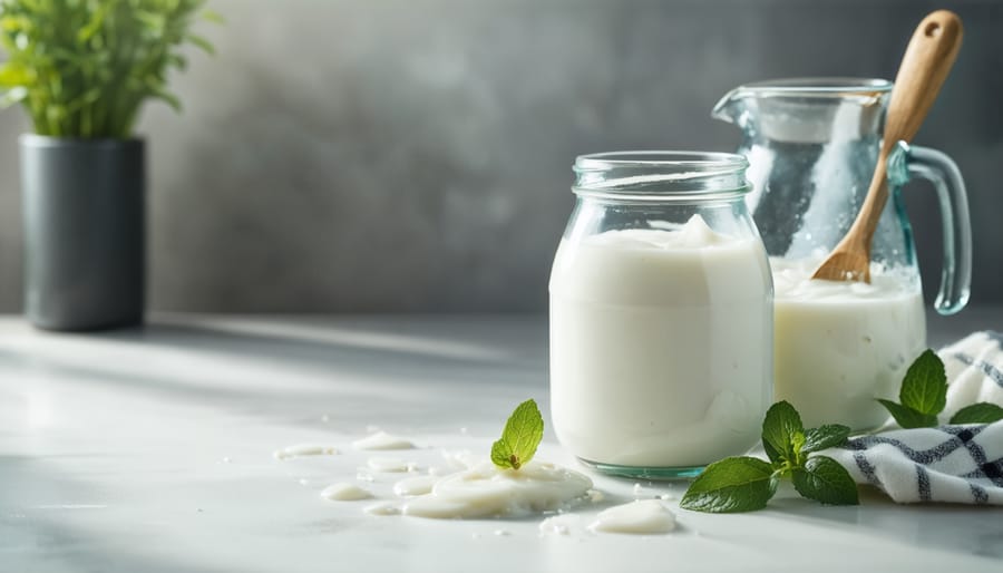 Spoonful of thick homemade yogurt being lifted from glass jar showing creamy texture