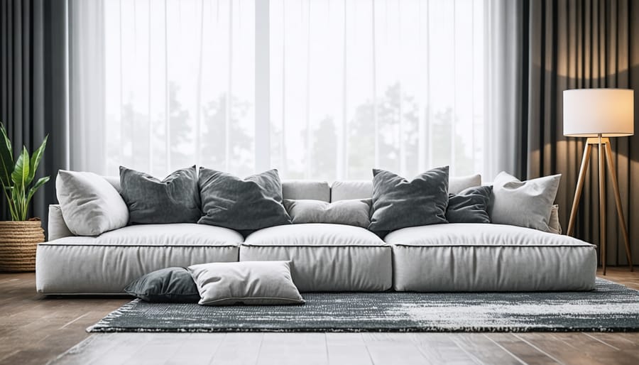 Living room furniture arrangement with front legs on area rug and back legs on floor