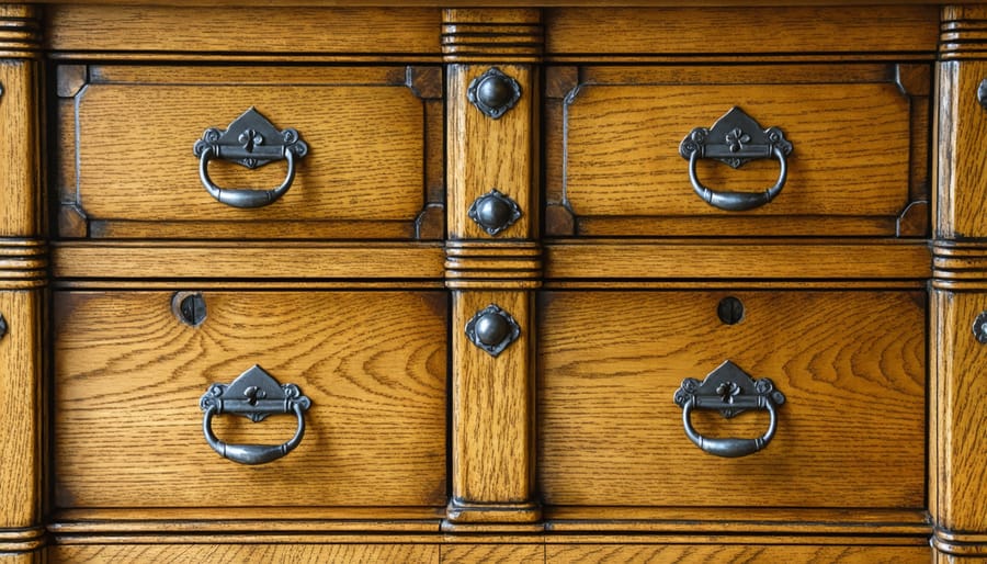 Close-up of craftsman examining dovetail joints on vintage wooden furniture drawer