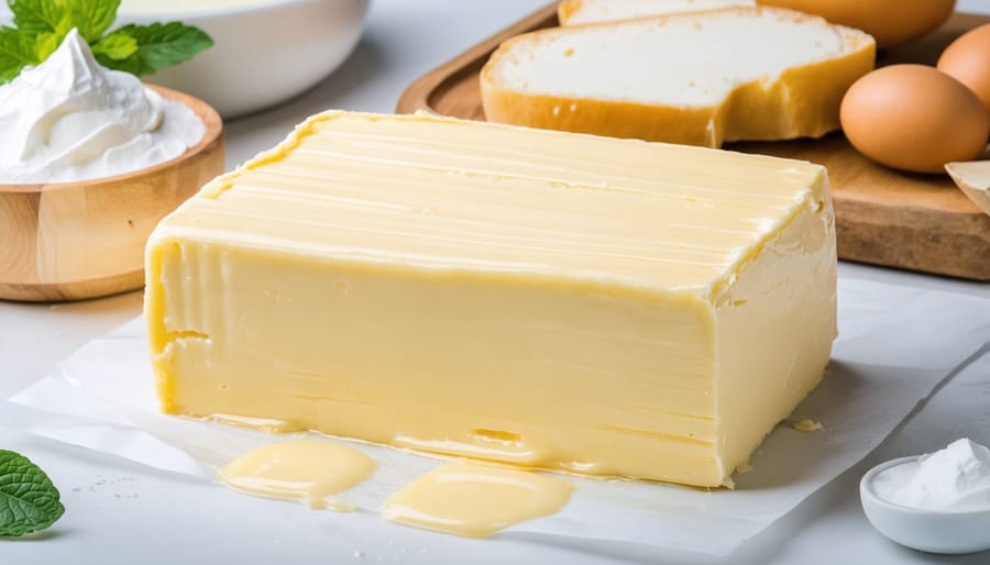 Freshly made homemade butter in ceramic bowl with wooden paddle and cream jar on kitchen counter