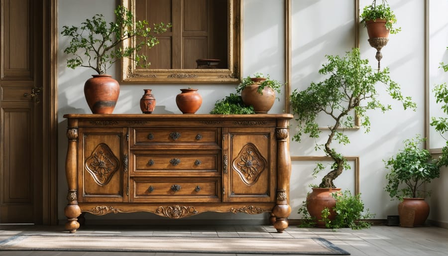Woman carefully inspecting refurbished wooden furniture in showroom
