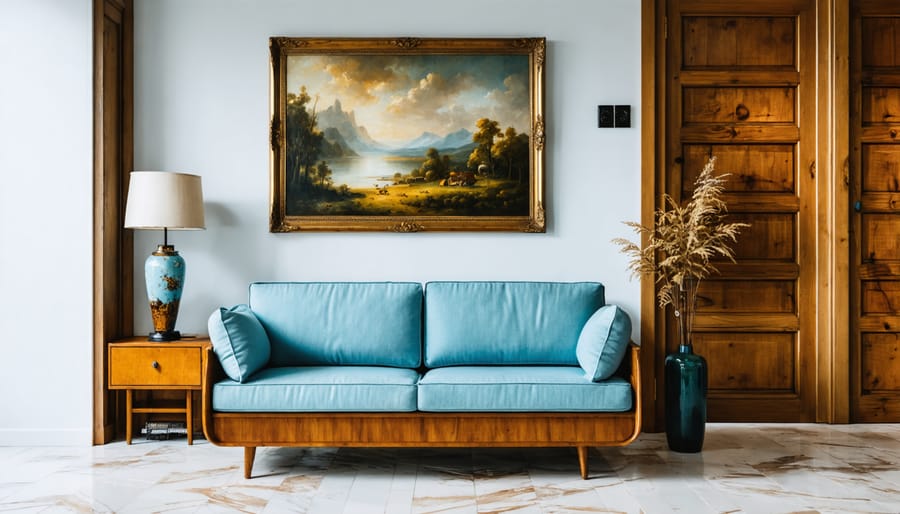 Living room interior mixing refurbished vintage furniture with modern contemporary pieces