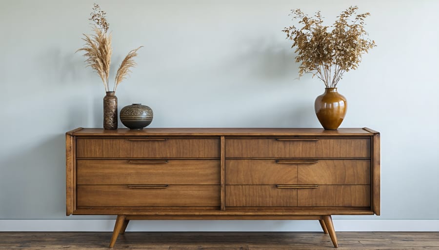 Refurbished mid-century wooden dresser with brass hardware in modern living room