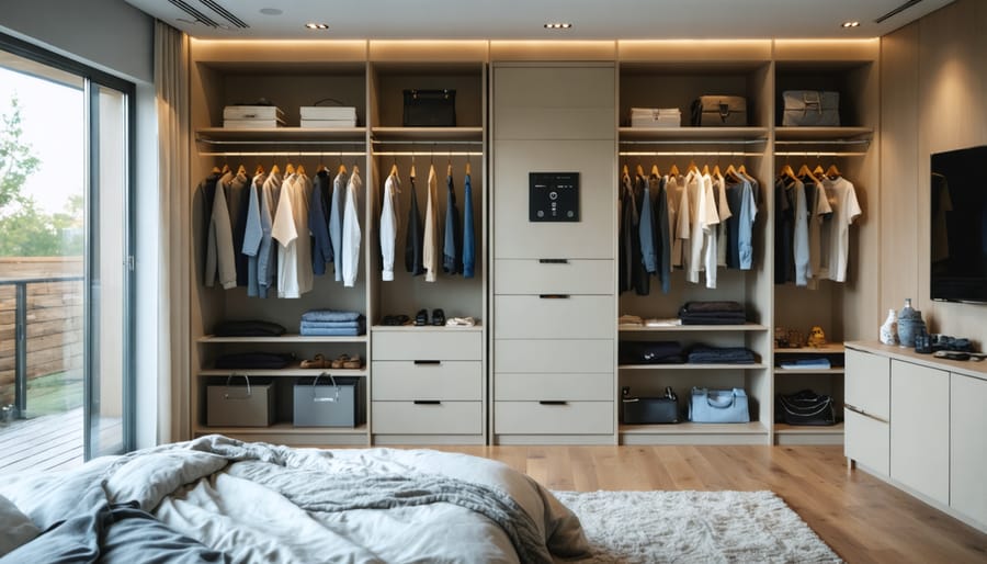 Residential safe positioned discreetly in organized bedroom closet corner