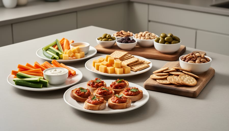 Overhead view of casual appetizer spread on table with guests' hands reaching for food
