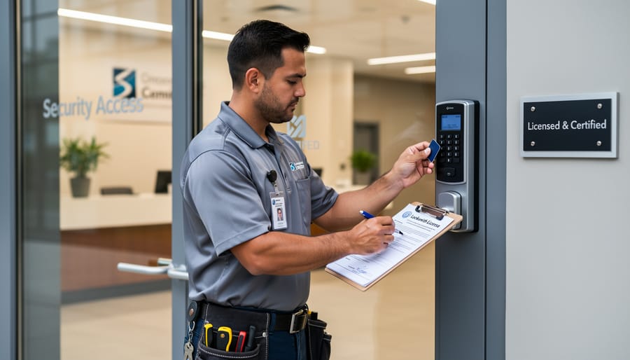 Professional locksmith installing commercial-grade lock on office door