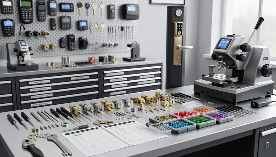 Commercial locksmith tools and key cutting equipment on professional workbench