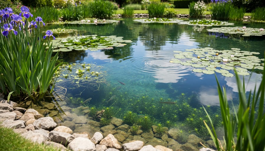 Variety of pond plants including water lilies, cattails, and oxygenating vegetation