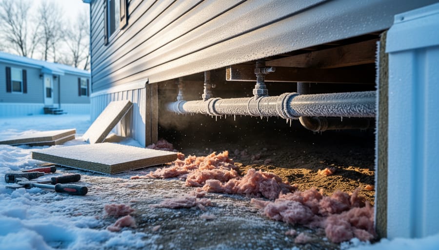 Close-up of frozen and cracked water pipe showing ice damage