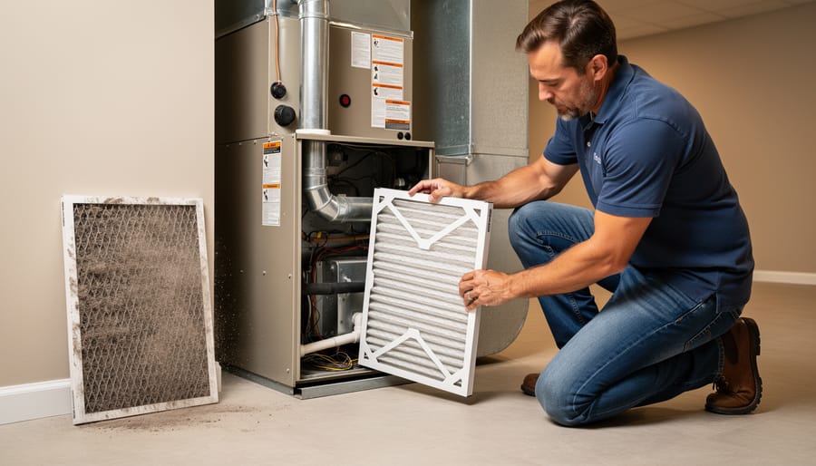 Hands comparing a dirty used furnace filter with a clean new replacement filter